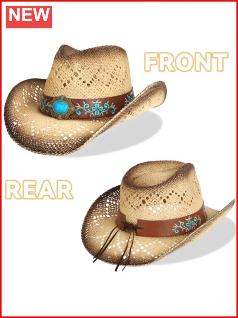 Womens Cowboy Hat Straw Wide Brim Shapeable Western Cowgirl Sun Protection